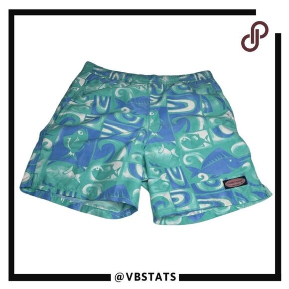 Vineyard Vines Men's Fish Print Elastic Waist Swim Trunks Blue Green Size Small - Picture 1 of 7